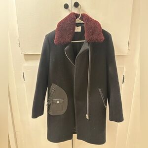 Sandro Paris Black Coat with Burgundy Collar